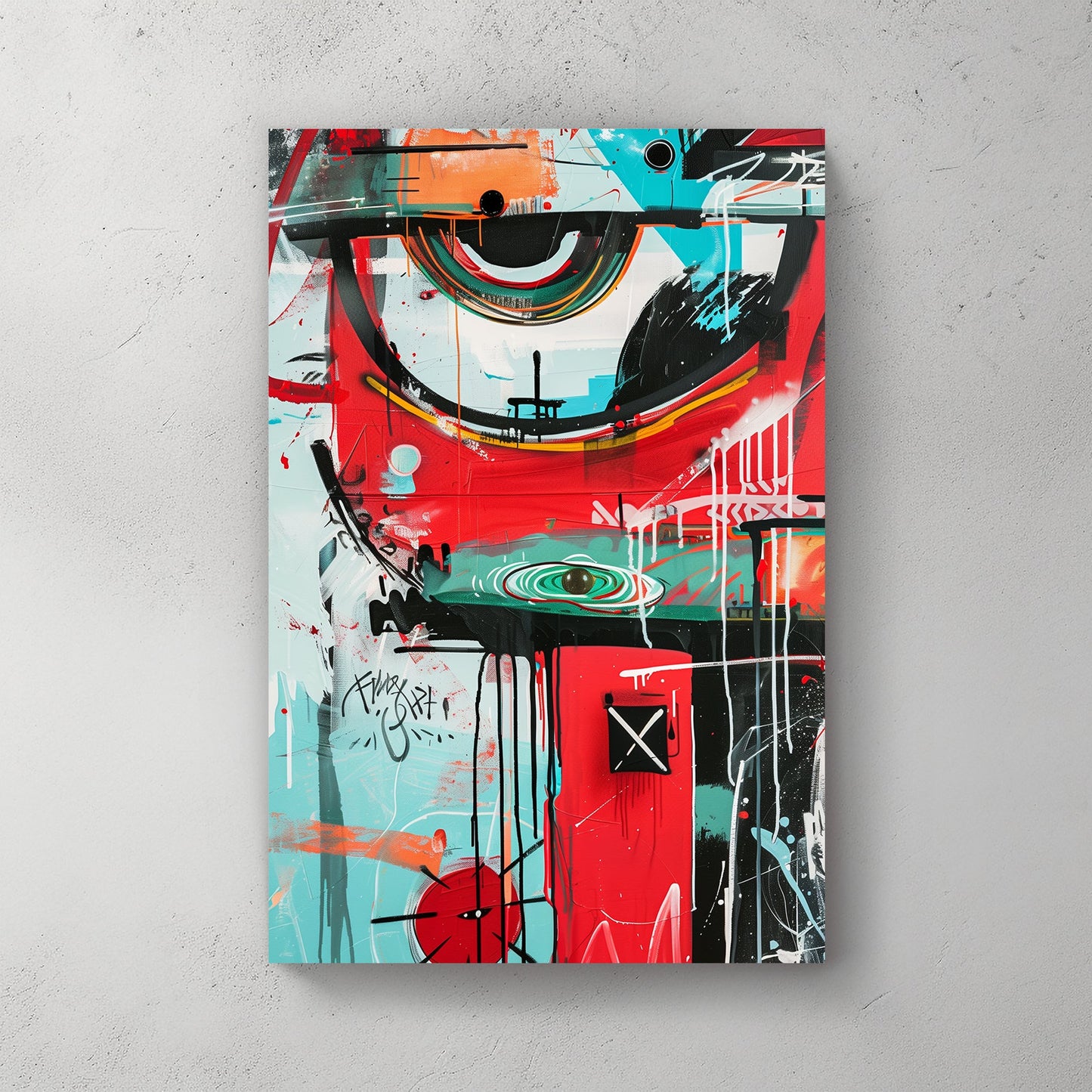 A graffiti-style abstract wall art print with bold red, turquoise, and black brushstrokes, featuring geometric elements, expressive drips, and urban motifs in a street art-inspired composition.