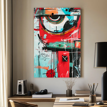 A graffiti-style abstract wall art print with bold red, turquoise, and black brushstrokes, featuring geometric elements, expressive drips, and urban motifs in a street art-inspired composition.