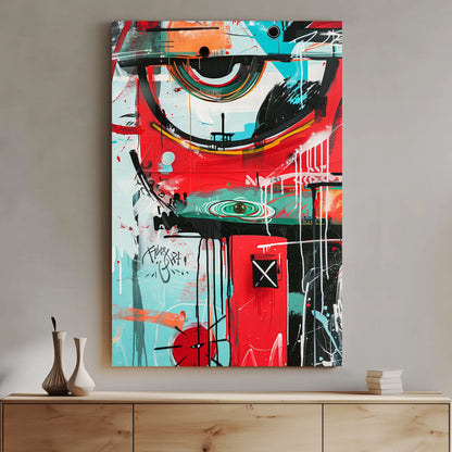 A graffiti-style abstract wall art print with bold red, turquoise, and black brushstrokes, featuring geometric elements, expressive drips, and urban motifs in a street art-inspired composition.