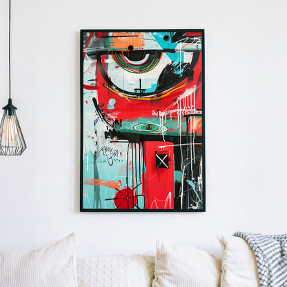 A graffiti-style abstract wall art print with bold red, turquoise, and black brushstrokes, featuring geometric elements, expressive drips, and urban motifs in a street art-inspired composition.