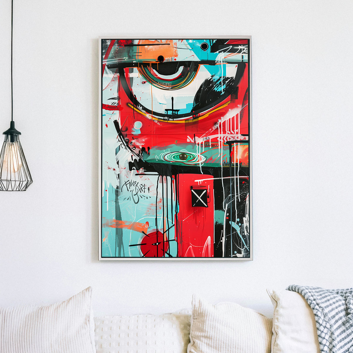 A graffiti-style abstract wall art print with bold red, turquoise, and black brushstrokes, featuring geometric elements, expressive drips, and urban motifs in a street art-inspired composition.