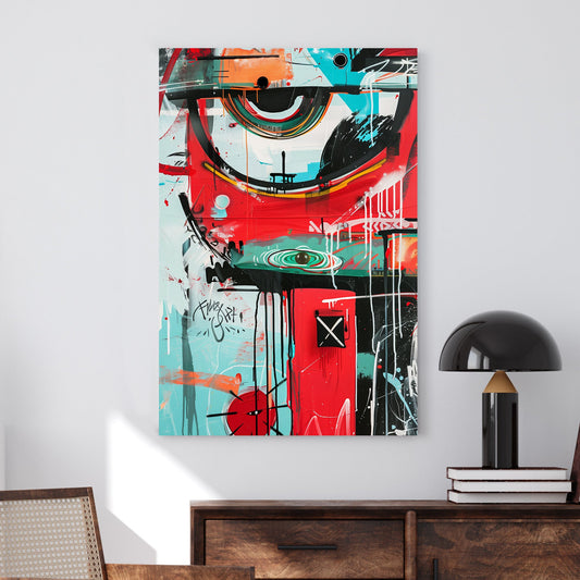 A graffiti-style abstract wall art print with bold red, turquoise, and black brushstrokes, featuring geometric elements, expressive drips, and urban motifs in a street art-inspired composition.