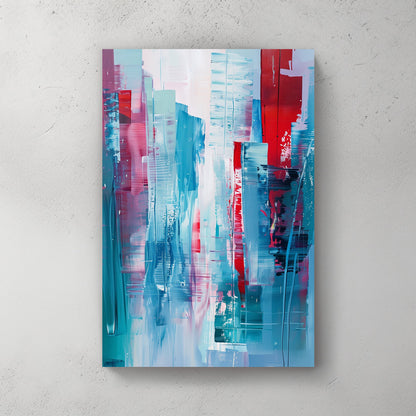 A dynamic abstract cityscape featuring bold brushstrokes in blue, red, and pastel tones, evoking the energy and movement of a modern skyline.