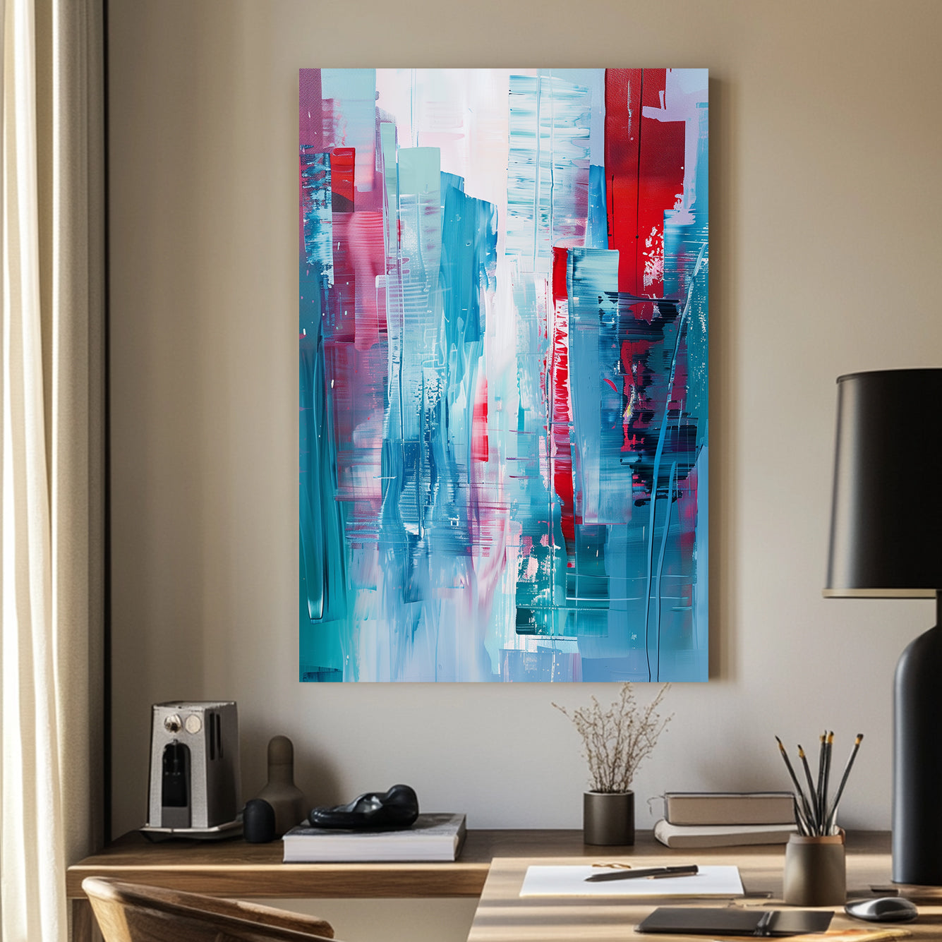 A dynamic abstract cityscape featuring bold brushstrokes in blue, red, and pastel tones, evoking the energy and movement of a modern skyline.