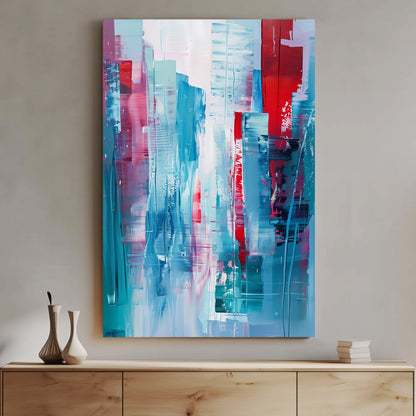 A dynamic abstract cityscape featuring bold brushstrokes in blue, red, and pastel tones, evoking the energy and movement of a modern skyline.