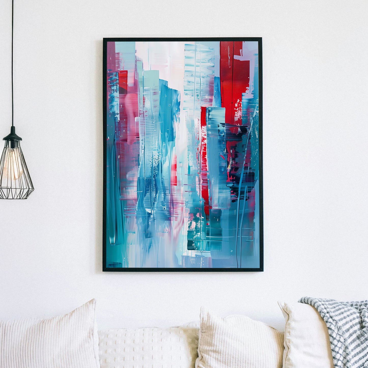 A dynamic abstract cityscape featuring bold brushstrokes in blue, red, and pastel tones, evoking the energy and movement of a modern skyline.