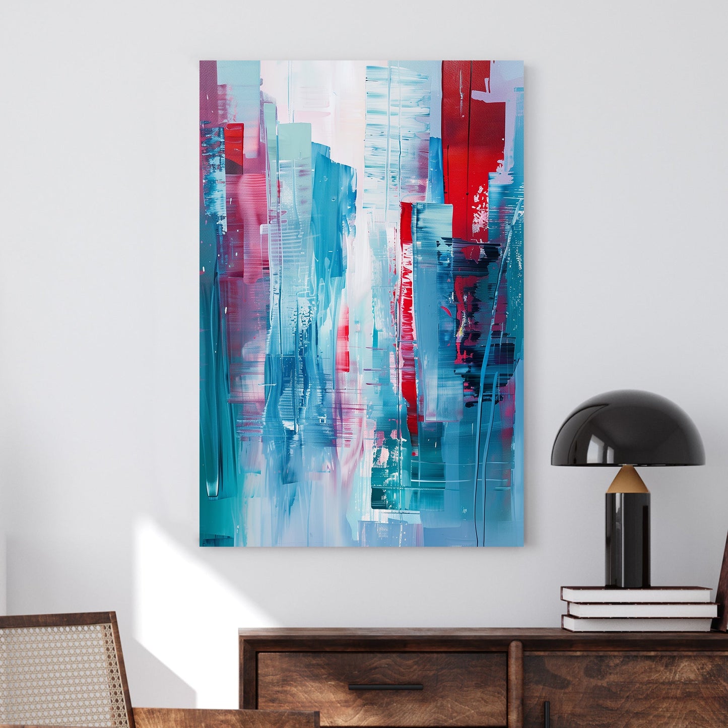 A dynamic abstract cityscape featuring bold brushstrokes in blue, red, and pastel tones, evoking the energy and movement of a modern skyline.