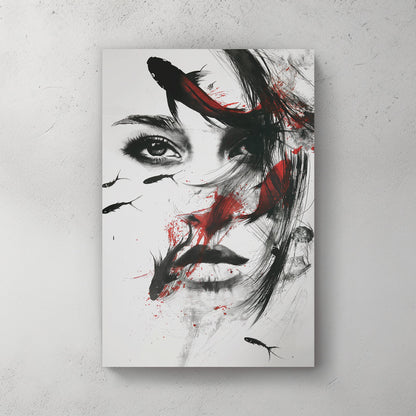 A surreal black-and-white mixed-media wall art print of a woman with flowing ink strokes and koi fish swimming across her face, accented by dramatic red splashes.