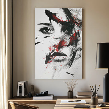 A surreal black-and-white mixed-media wall art print of a woman with flowing ink strokes and koi fish swimming across her face, accented by dramatic red splashes.