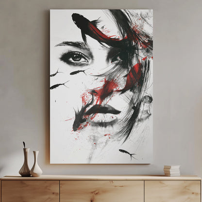 A surreal black-and-white mixed-media wall art print of a woman with flowing ink strokes and koi fish swimming across her face, accented by dramatic red splashes.