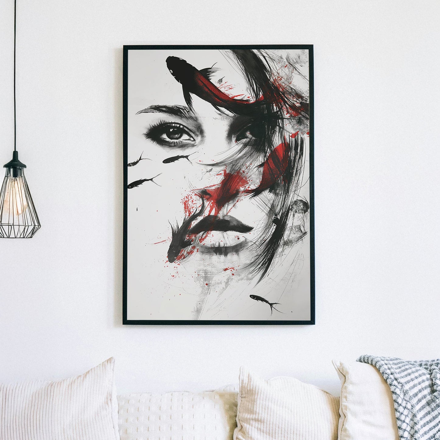 A surreal black-and-white mixed-media wall art print of a woman with flowing ink strokes and koi fish swimming across her face, accented by dramatic red splashes.