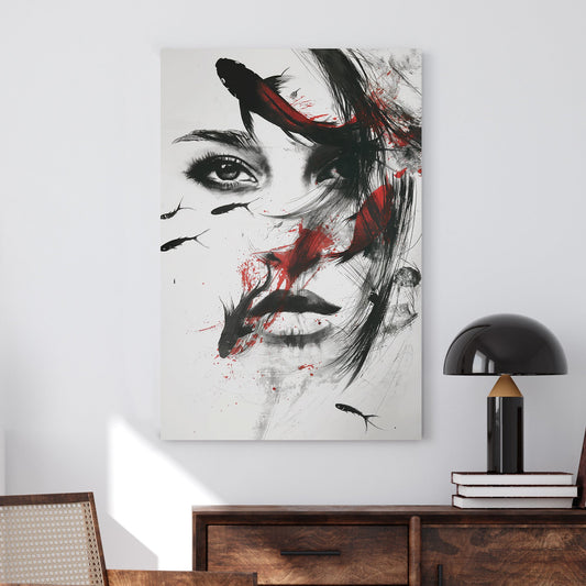 A surreal black-and-white mixed-media wall art print of a woman with flowing ink strokes and koi fish swimming across her face, accented by dramatic red splashes.