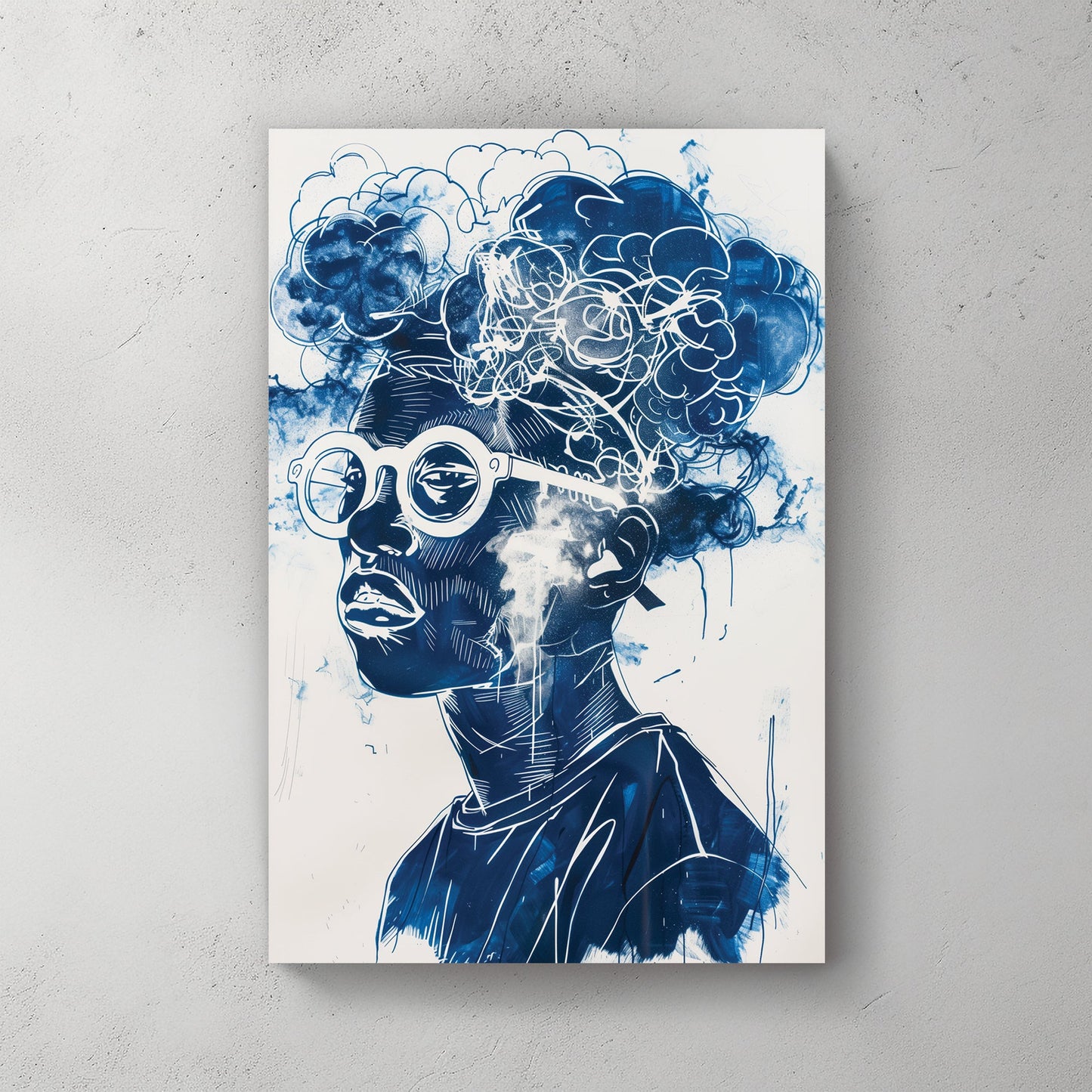 A contemporary graffiti-style wall art print of a person wearing round glasses, with abstract cloud formations seamlessly merging into their hair, rendered in deep blue and white tones.