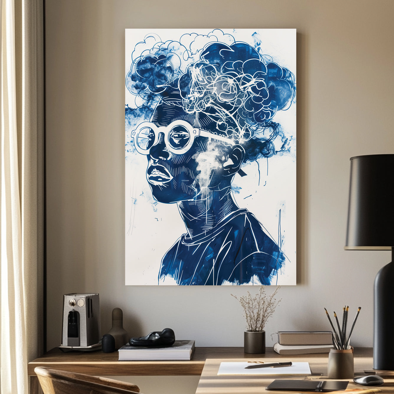 A contemporary graffiti-style wall art print of a person wearing round glasses, with abstract cloud formations seamlessly merging into their hair, rendered in deep blue and white tones.