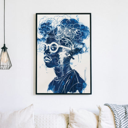 A contemporary graffiti-style wall art print of a person wearing round glasses, with abstract cloud formations seamlessly merging into their hair, rendered in deep blue and white tones.