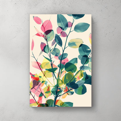 A modern abstract botanical wall art print featuring layered translucent leaves in green, pink, and yellow, creating a soft, nature-inspired composition.