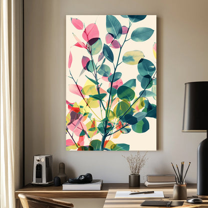 A modern abstract botanical wall art print featuring layered translucent leaves in green, pink, and yellow, creating a soft, nature-inspired composition.