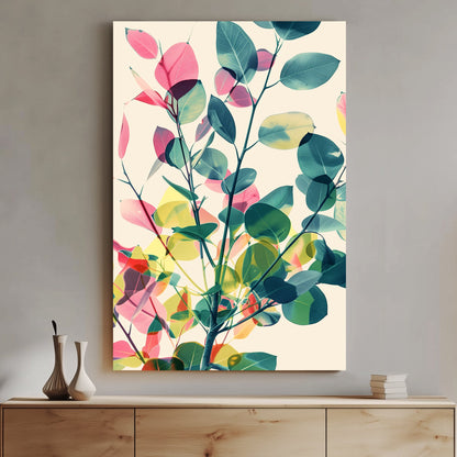 A modern abstract botanical wall art print featuring layered translucent leaves in green, pink, and yellow, creating a soft, nature-inspired composition.