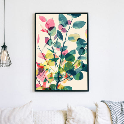 A modern abstract botanical wall art print featuring layered translucent leaves in green, pink, and yellow, creating a soft, nature-inspired composition.