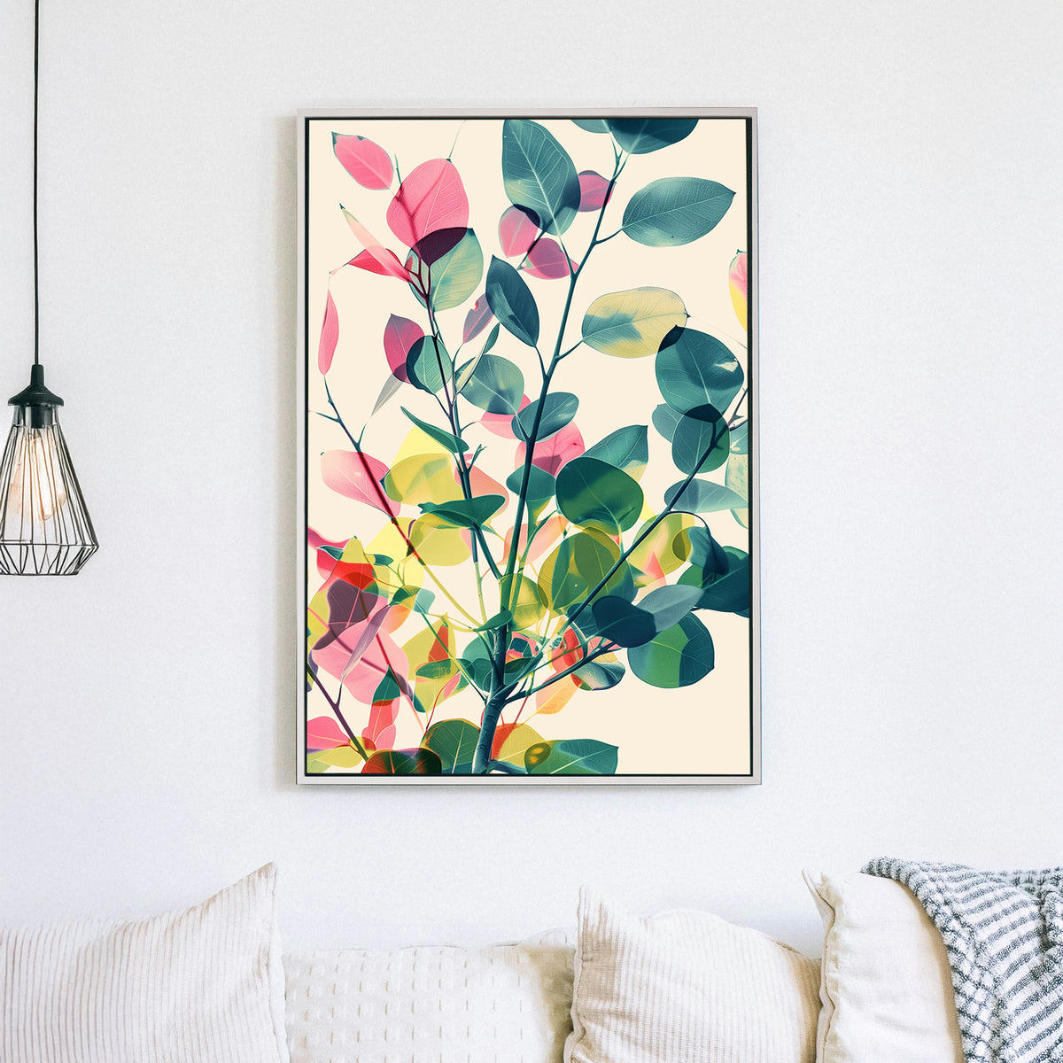 A modern abstract botanical wall art print featuring layered translucent leaves in green, pink, and yellow, creating a soft, nature-inspired composition.