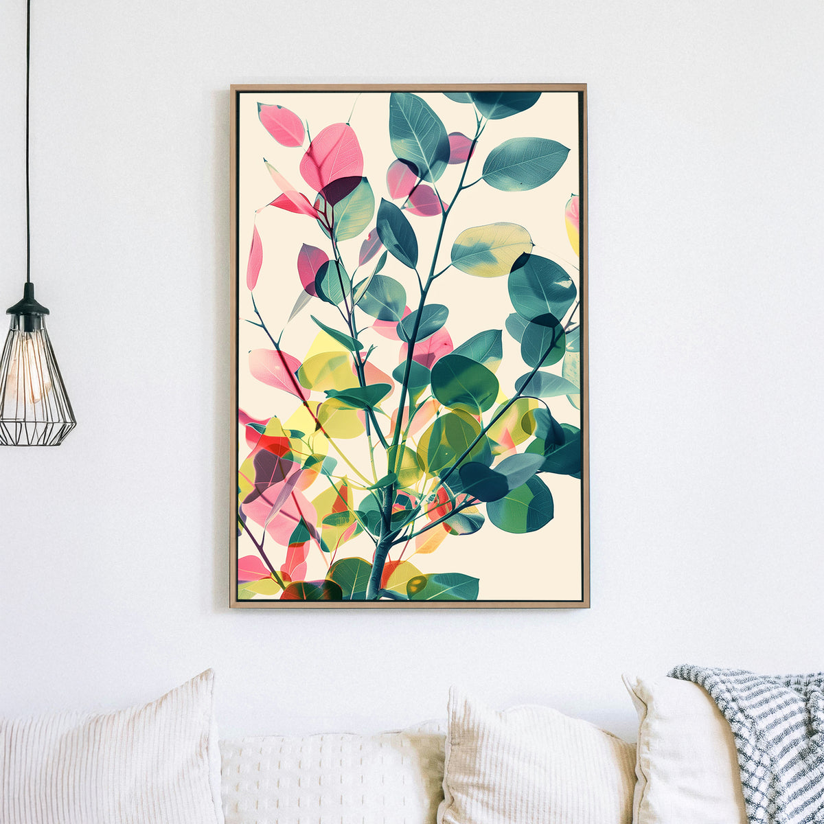A modern abstract botanical wall art print featuring layered translucent leaves in green, pink, and yellow, creating a soft, nature-inspired composition.