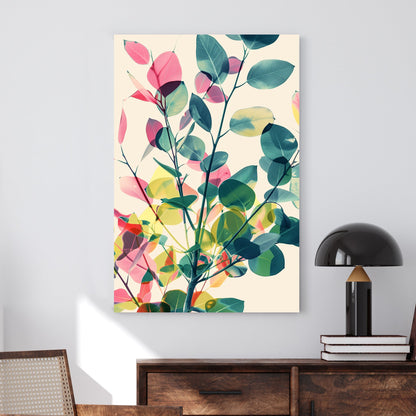 A modern abstract botanical wall art print featuring layered translucent leaves in green, pink, and yellow, creating a soft, nature-inspired composition.