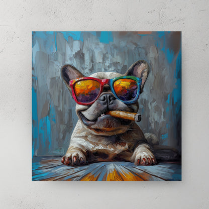 A French Bulldog wearing oversized rainbow sunglasses and smoking a cigar, painted in a bold and textured pop art style with blue and grey background tones.