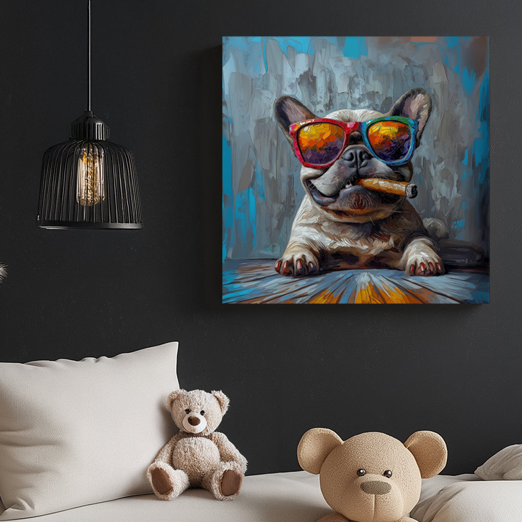 A French Bulldog wearing oversized rainbow sunglasses and smoking a cigar, painted in a bold and textured pop art style with blue and grey background tones.