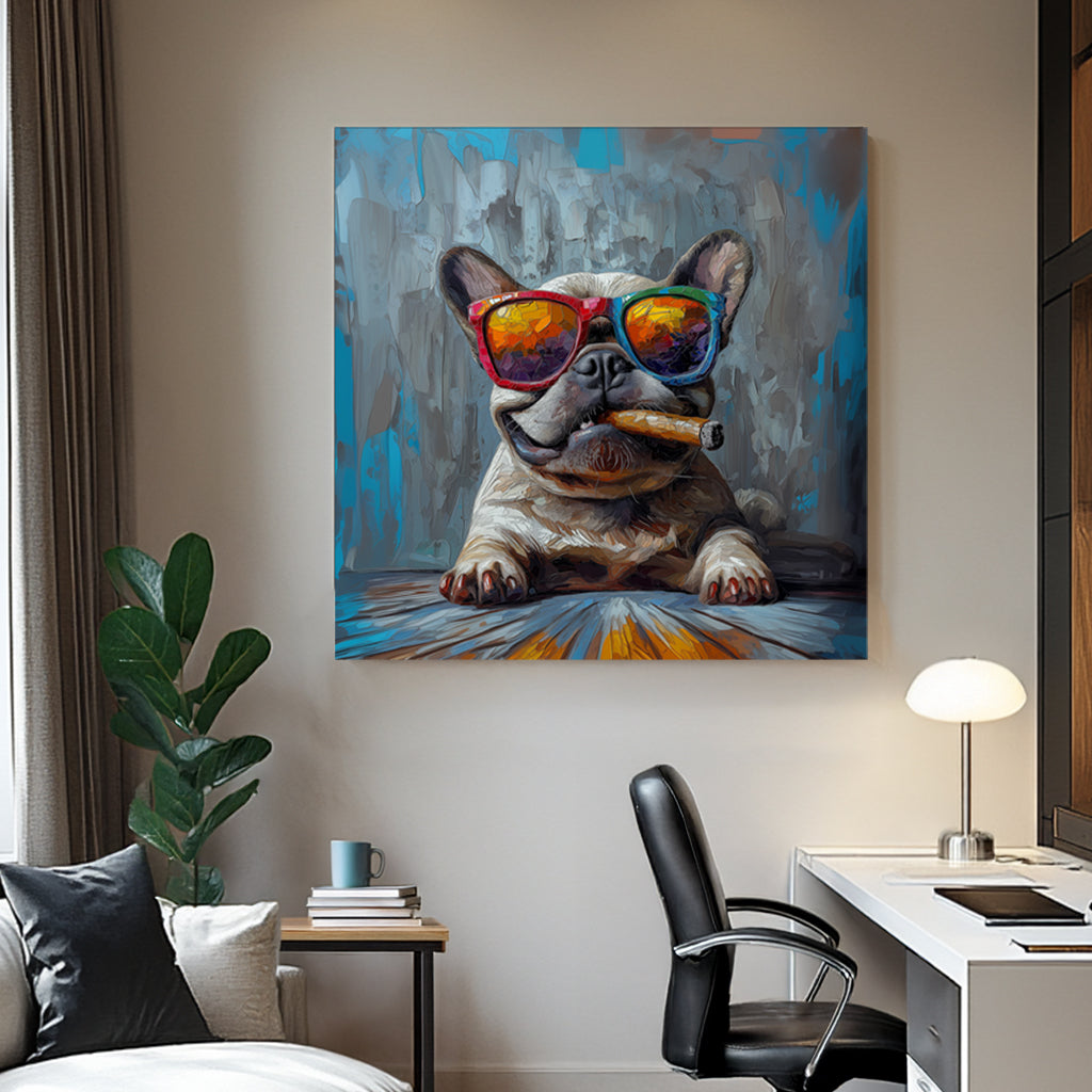 A French Bulldog wearing oversized rainbow sunglasses and smoking a cigar, painted in a bold and textured pop art style with blue and grey background tones.