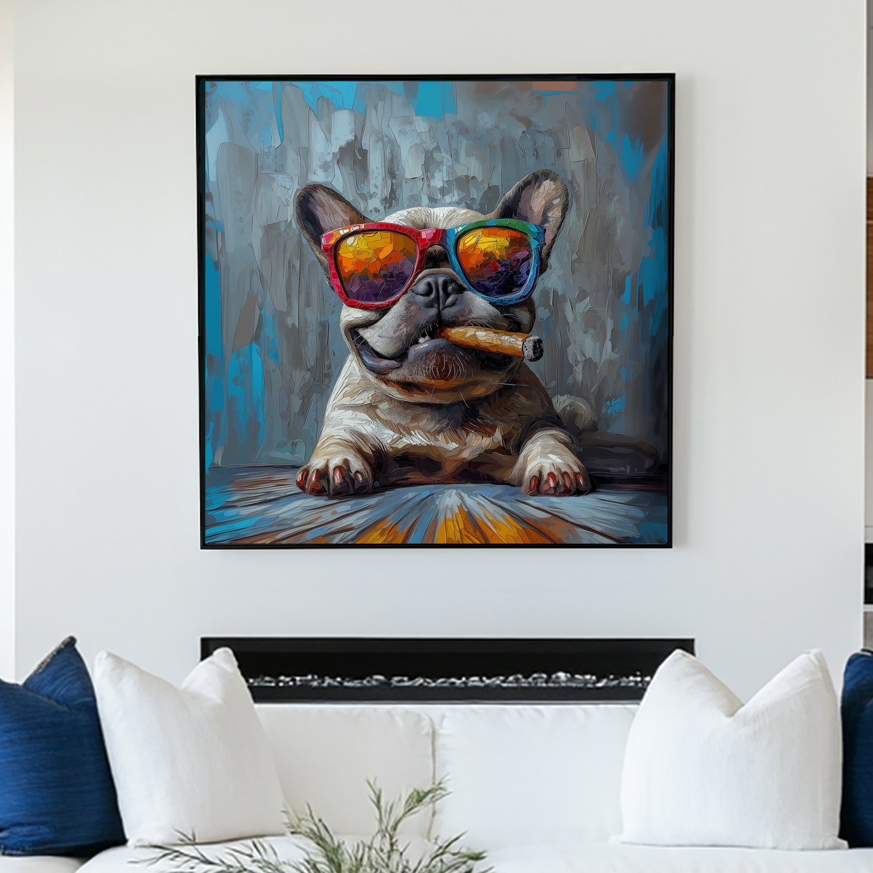 A French Bulldog wearing oversized rainbow sunglasses and smoking a cigar, painted in a bold and textured pop art style with blue and grey background tones.