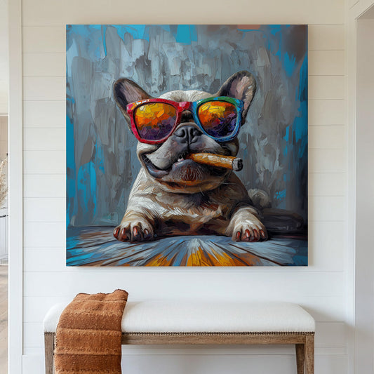 A French Bulldog wearing oversized rainbow sunglasses and smoking a cigar, painted in a bold and textured pop art style with blue and grey background tones.