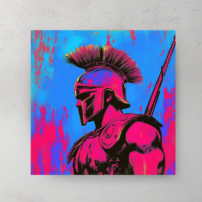 A neon pop-art depiction of a Spartan warrior in a vibrant hot pink and electric blue colour scheme, blending historical and street art aesthetics.