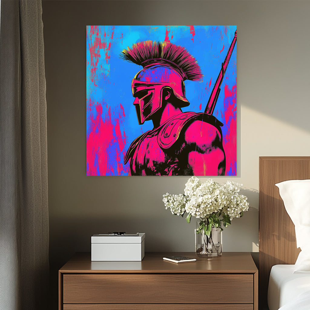 A neon pop-art depiction of a Spartan warrior in a vibrant hot pink and electric blue colour scheme, blending historical and street art aesthetics.