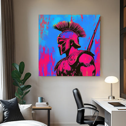 A neon pop-art depiction of a Spartan warrior in a vibrant hot pink and electric blue colour scheme, blending historical and street art aesthetics.