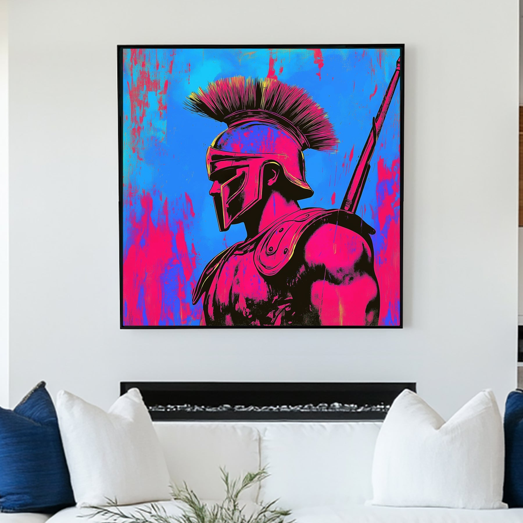 A neon pop-art depiction of a Spartan warrior in a vibrant hot pink and electric blue colour scheme, blending historical and street art aesthetics.