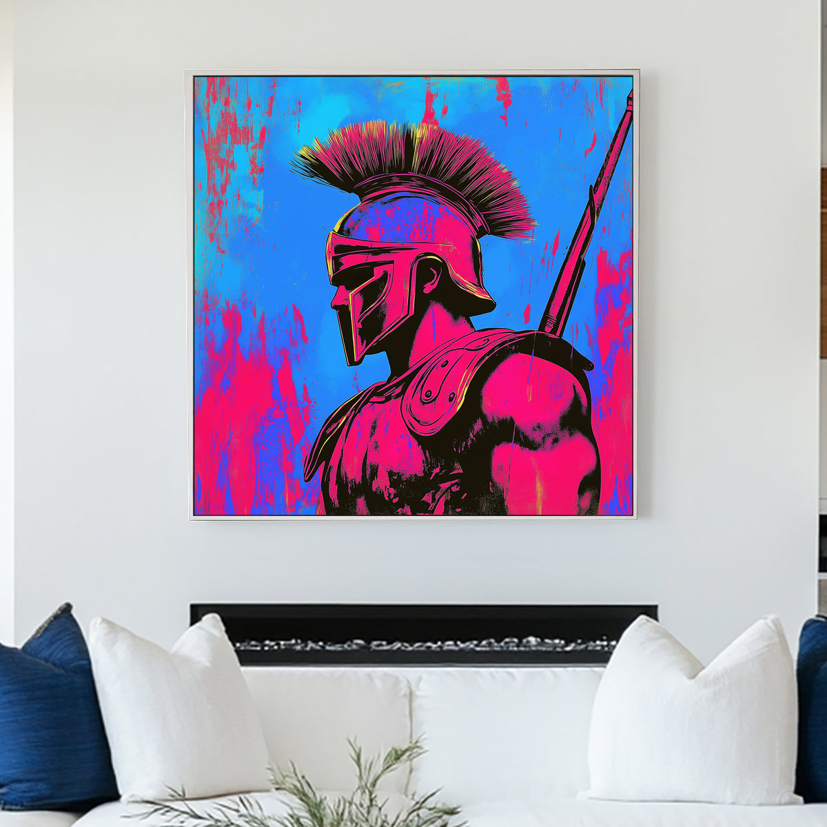 A neon pop-art depiction of a Spartan warrior in a vibrant hot pink and electric blue colour scheme, blending historical and street art aesthetics.
