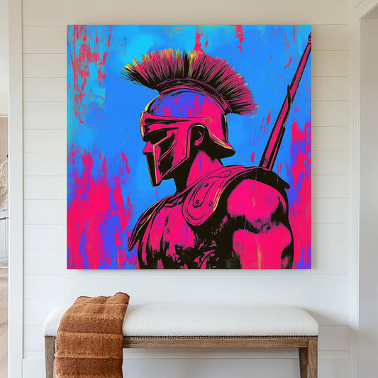 A neon pop-art depiction of a Spartan warrior in a vibrant hot pink and electric blue colour scheme, blending historical and street art aesthetics.