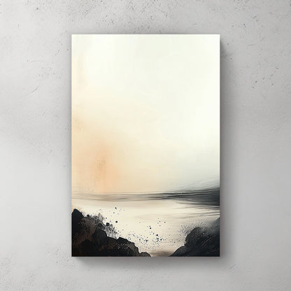 A minimalist abstract landscape featuring a serene horizon with soft beige and ivory tones, contrasted by bold black brushstrokes resembling a rocky shoreline.