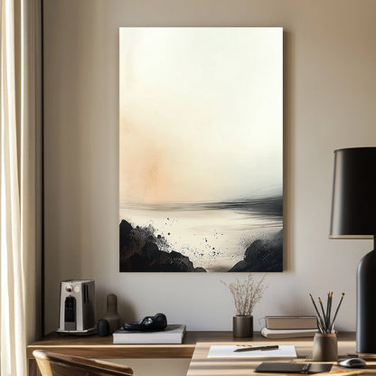 A minimalist abstract landscape featuring a serene horizon with soft beige and ivory tones, contrasted by bold black brushstrokes resembling a rocky shoreline.