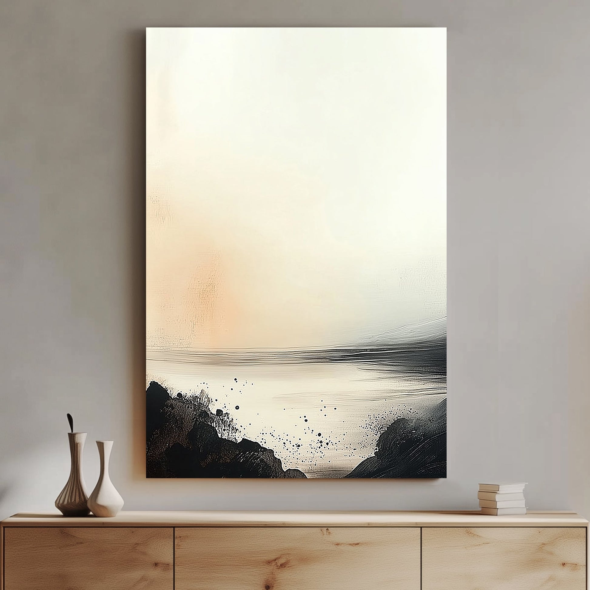 A minimalist abstract landscape featuring a serene horizon with soft beige and ivory tones, contrasted by bold black brushstrokes resembling a rocky shoreline.