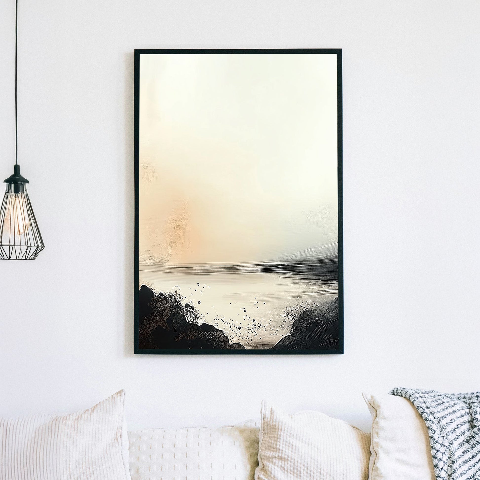 A minimalist abstract landscape featuring a serene horizon with soft beige and ivory tones, contrasted by bold black brushstrokes resembling a rocky shoreline.