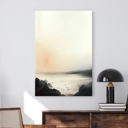 A minimalist abstract landscape featuring a serene horizon with soft beige and ivory tones, contrasted by bold black brushstrokes resembling a rocky shoreline.