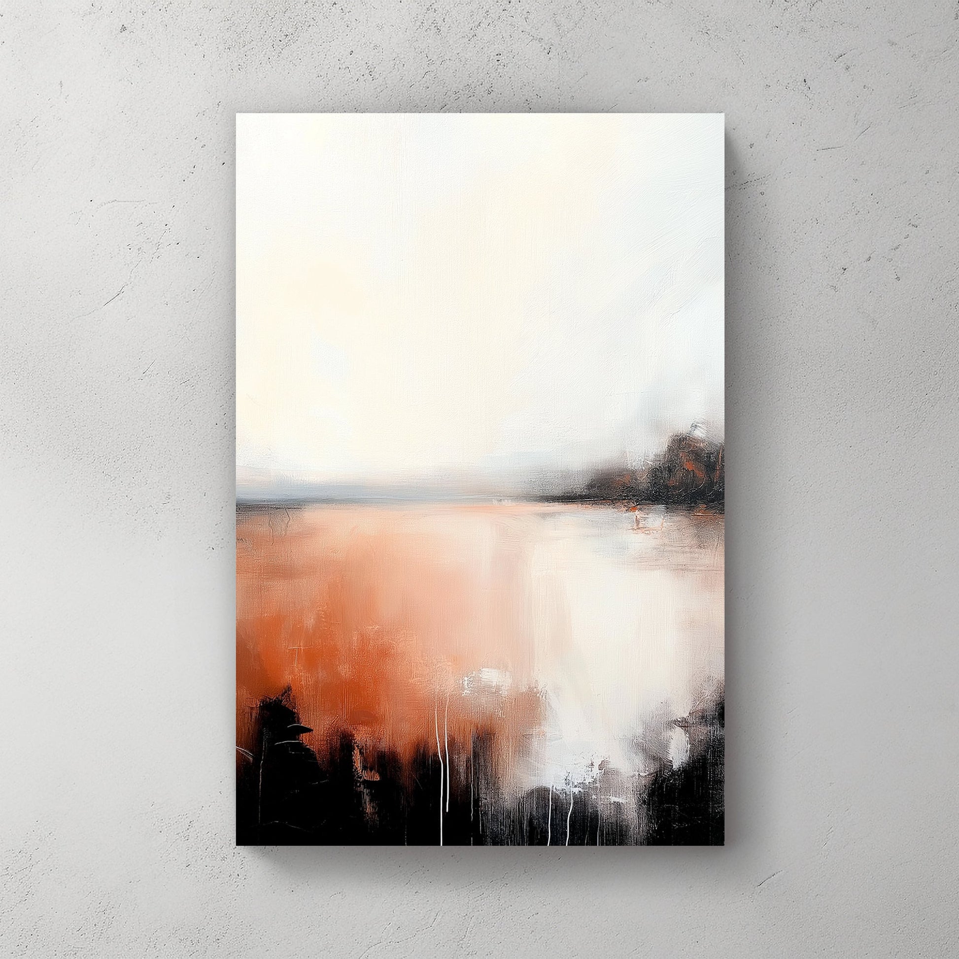A modern abstract landscape with soft ivory tones blending into deep orange and black, resembling a hazy horizon at dusk with delicate textural details.