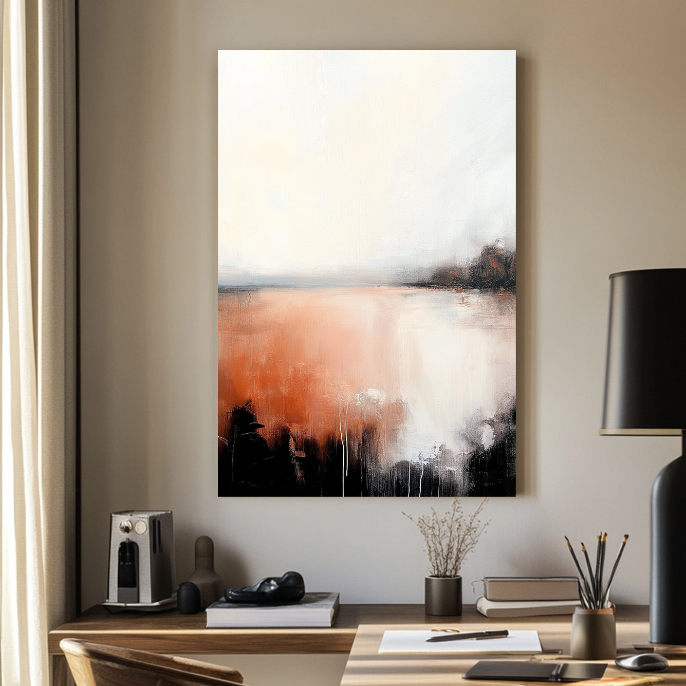 A modern abstract landscape with soft ivory tones blending into deep orange and black, resembling a hazy horizon at dusk with delicate textural details.