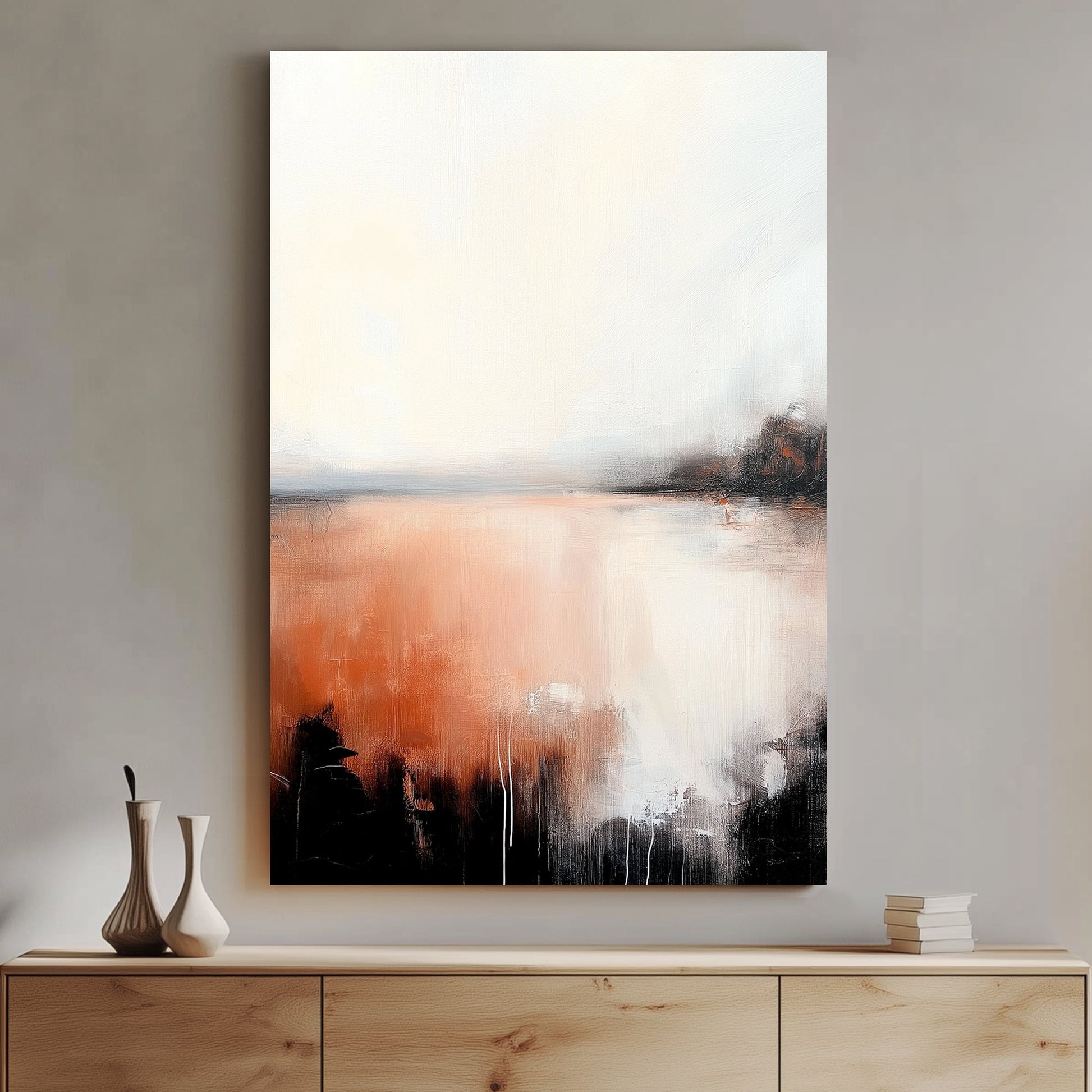 A modern abstract landscape with soft ivory tones blending into deep orange and black, resembling a hazy horizon at dusk with delicate textural details.