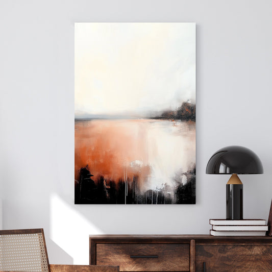 A modern abstract landscape with soft ivory tones blending into deep orange and black, resembling a hazy horizon at dusk with delicate textural details.