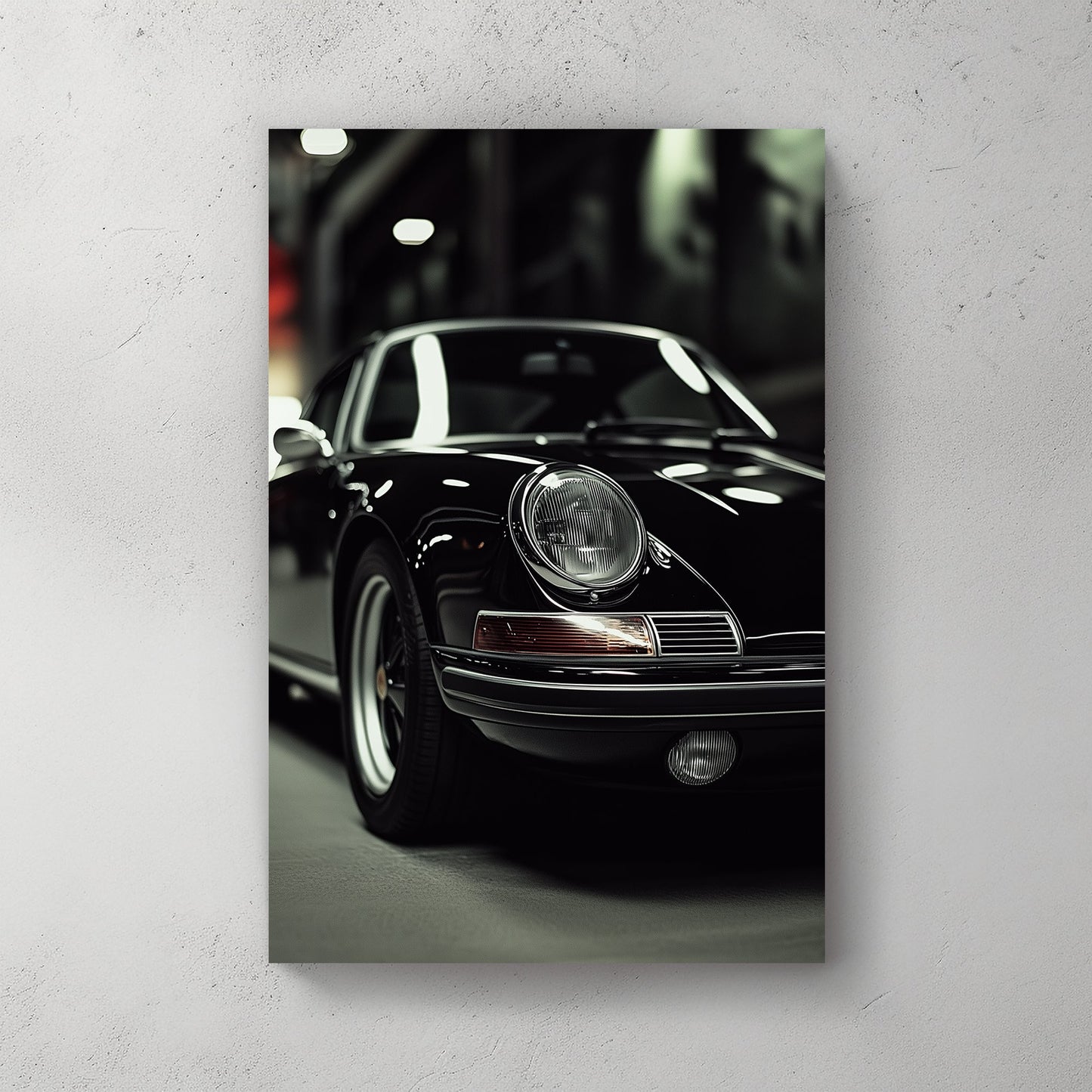A sleek black-and-white digital wall art print featuring a classic luxury sports car under dramatic lighting, emphasizing its elegant curves and timeless design.