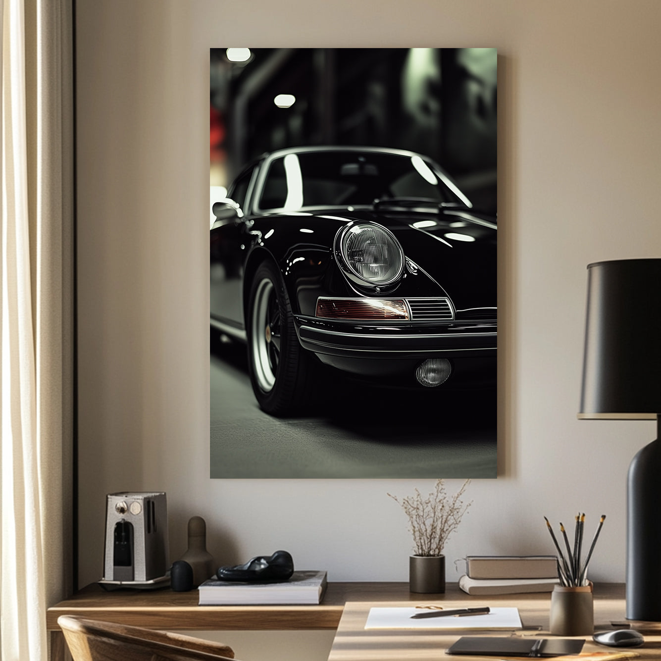 A sleek black-and-white digital wall art print featuring a classic luxury sports car under dramatic lighting, emphasizing its elegant curves and timeless design.