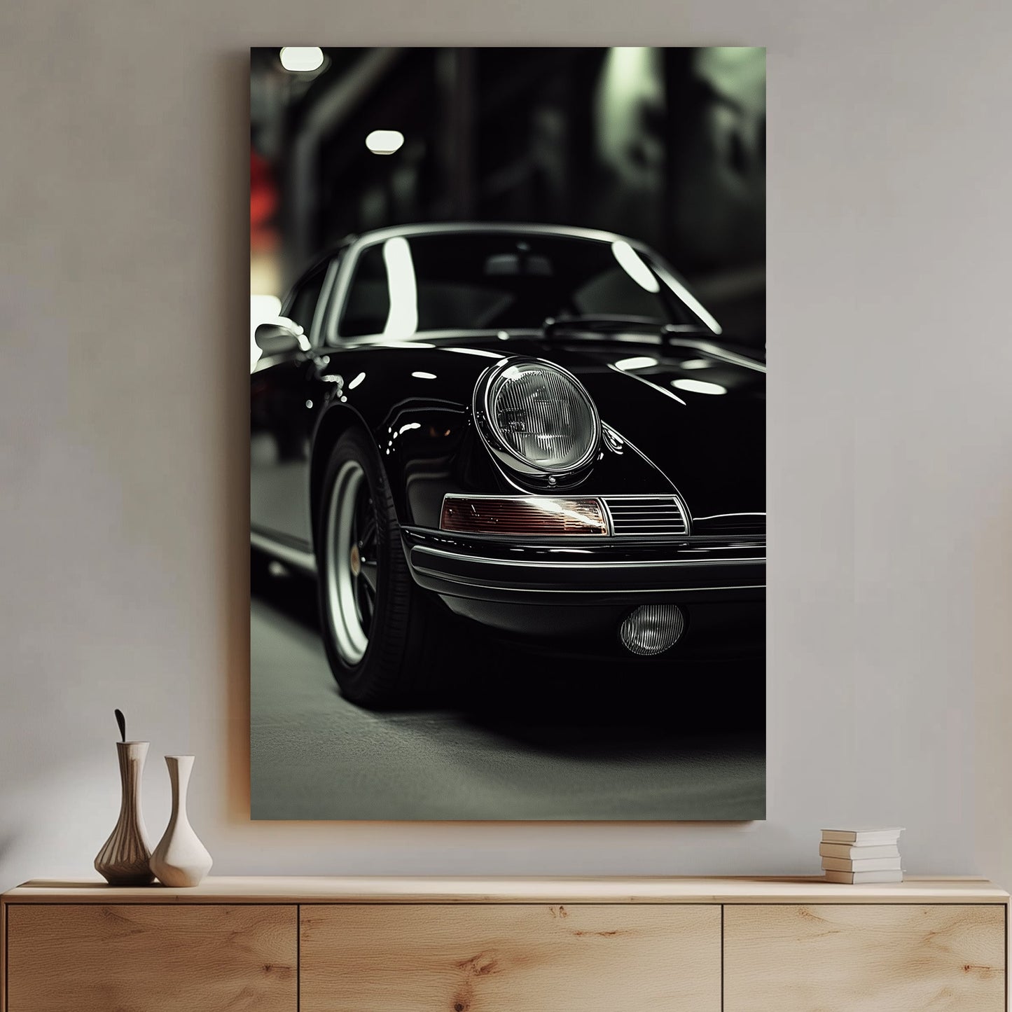 A sleek black-and-white digital wall art print featuring a classic luxury sports car under dramatic lighting, emphasizing its elegant curves and timeless design.