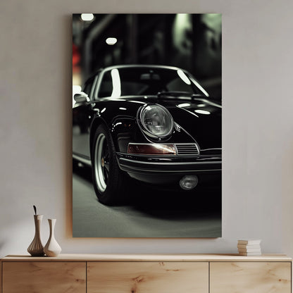 A sleek black-and-white digital wall art print featuring a classic luxury sports car under dramatic lighting, emphasizing its elegant curves and timeless design.
